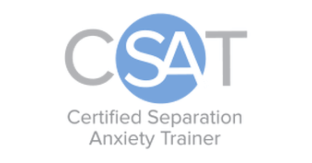 CSAT Seal logo black test with the S and A white on a blue circle. Text reads certified separation anxiety trainer