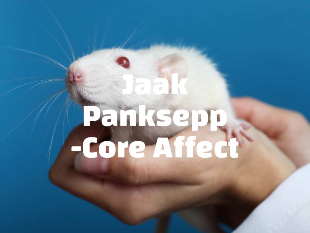 jaak panksepp core affect white text over a photo of a white albino rat being held in someone's hands.