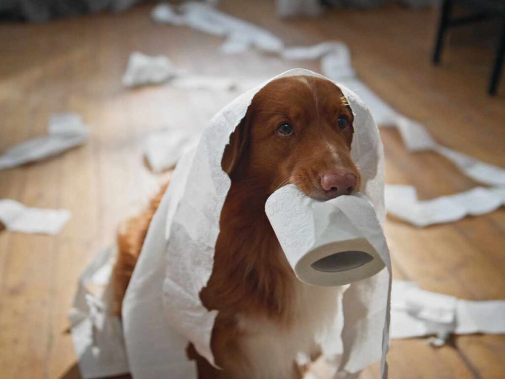 Signs and Symptoms of Dog Separation Anxiety dog who has had a party with a toilet roll